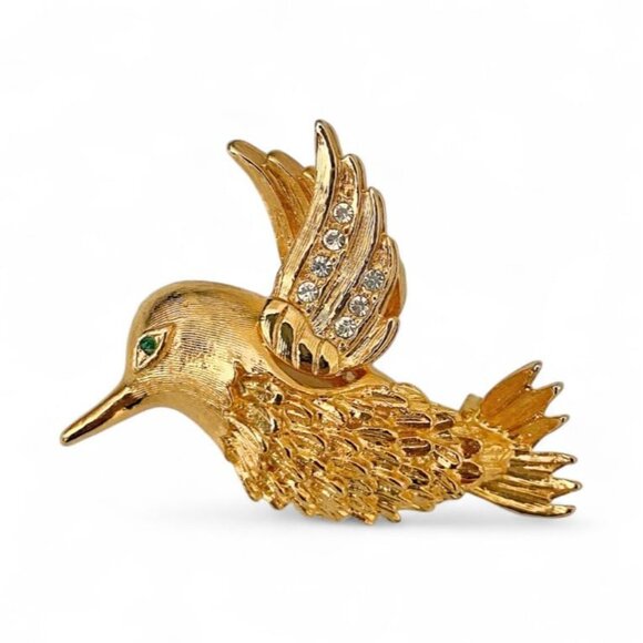 Vintage Gold Toned Hummingbird With Rhinestone Embellished Wing Brooch & Pouch - Picture 6 of 6